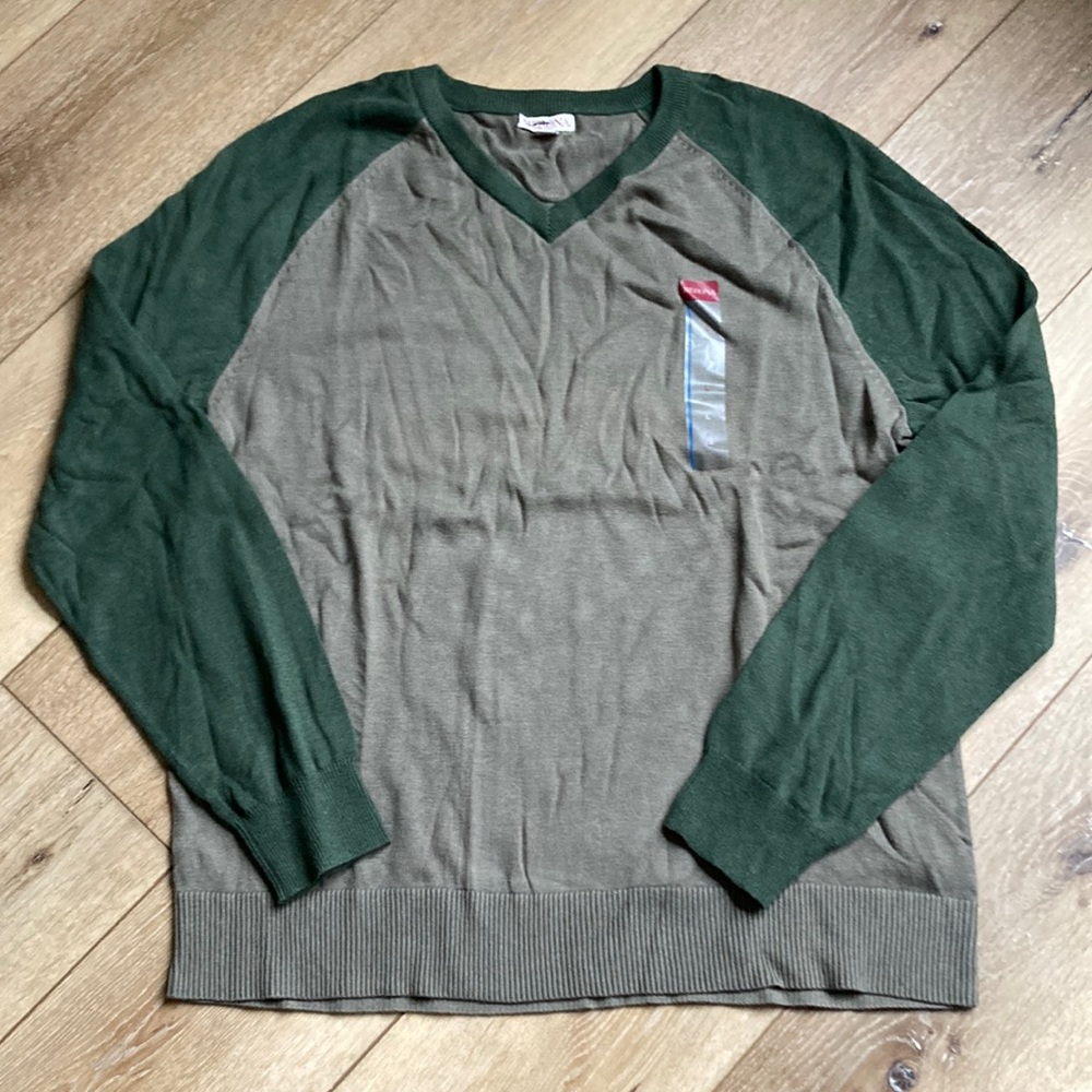 MERONA Men's Long Sleeve Pullover V-Neck Sweater Two Tone Green Size Lar…